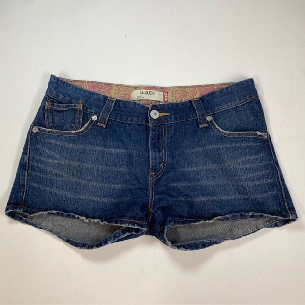 Levis 504 Slouch Denim Shorts Womens 17 Medium Wash Raw Hem Low Rise Ramie Blend